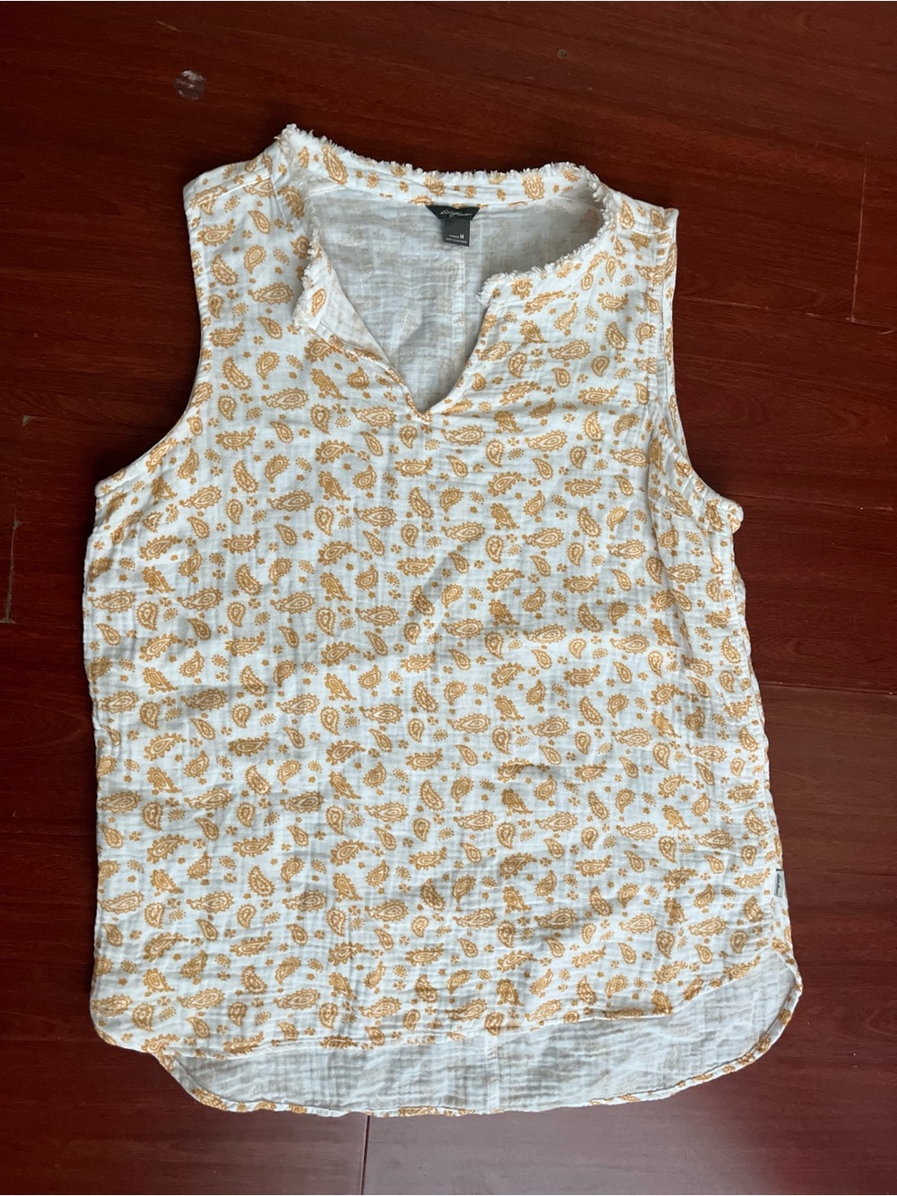Eddie Bauer 100% cotton White Sleeveless Paisley Tank with Mustard Print
